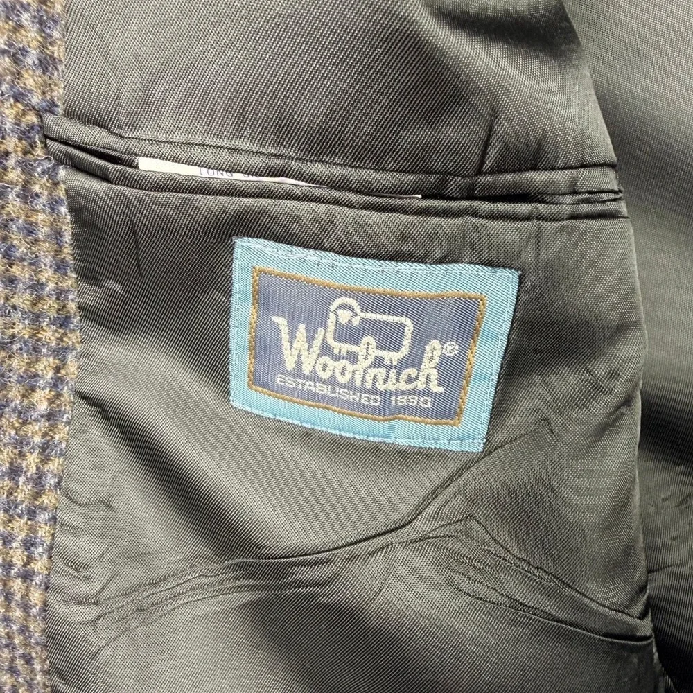 VINTAGE Woolrich Blazer Mens Medium Blue Grey‎ Houndstooth Wool Made InUSA